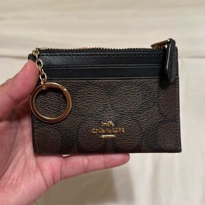 Coach Brown and Black Signature Leather Card Case with Gold Key Ring